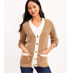 Ann Taylor LOFT Tipped Boyfriend V-Neck Button Down Cardigan Sweater Tan Medium